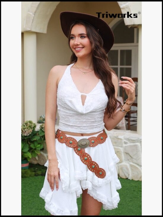 Wide Cowgirl Disc Belt with Turquoise Concho PU Leather Western Belt